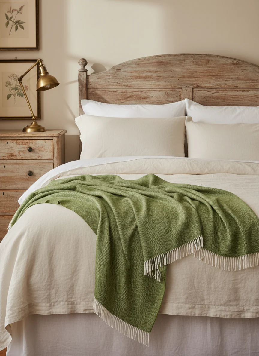 Bronte By Moon Herringbone Shetland Wool Throw, Apple - Image 5
