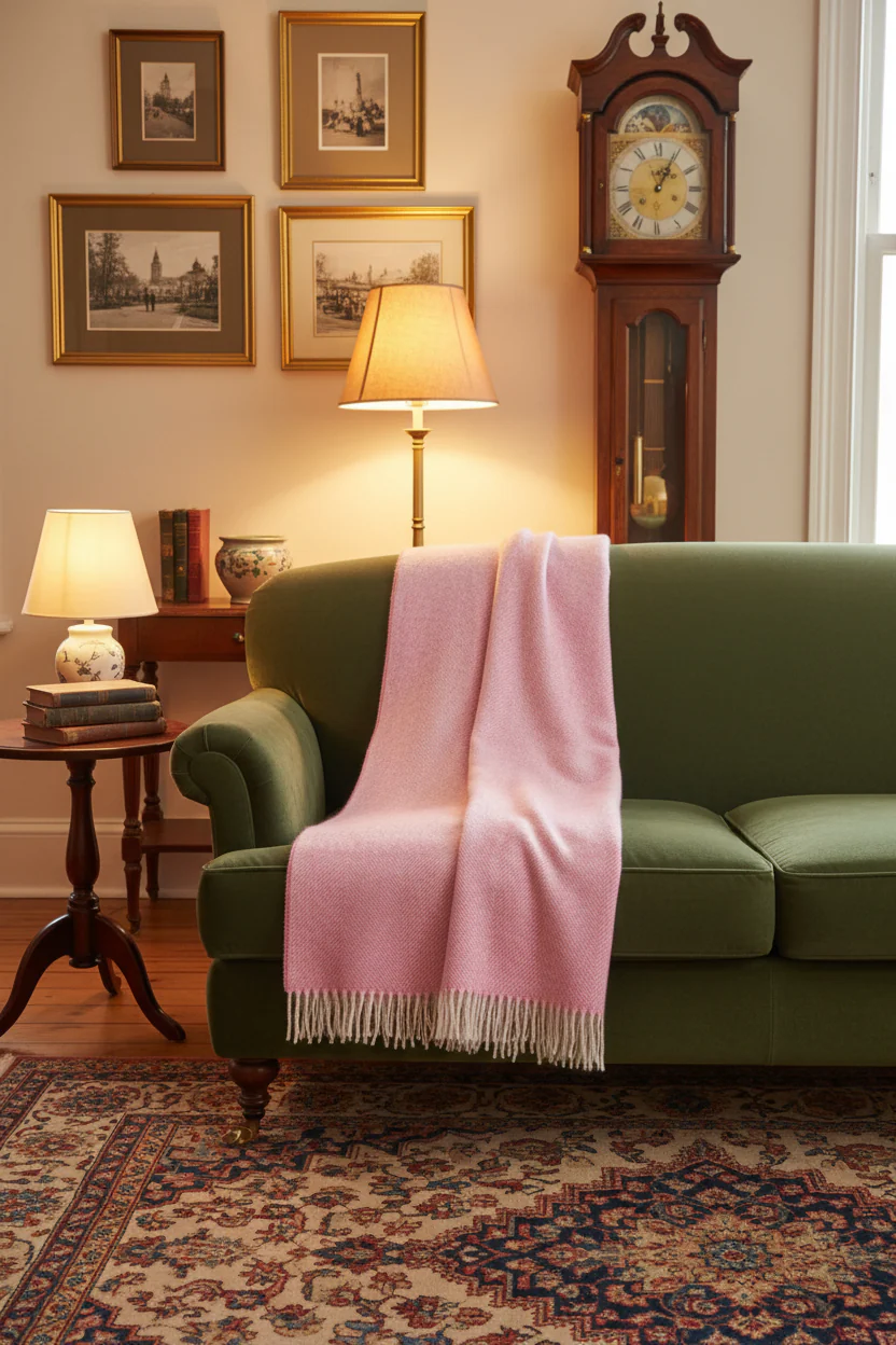 Bronte By Moon Herringbone Shetland Wool Throw, Pale Pink - Image 5