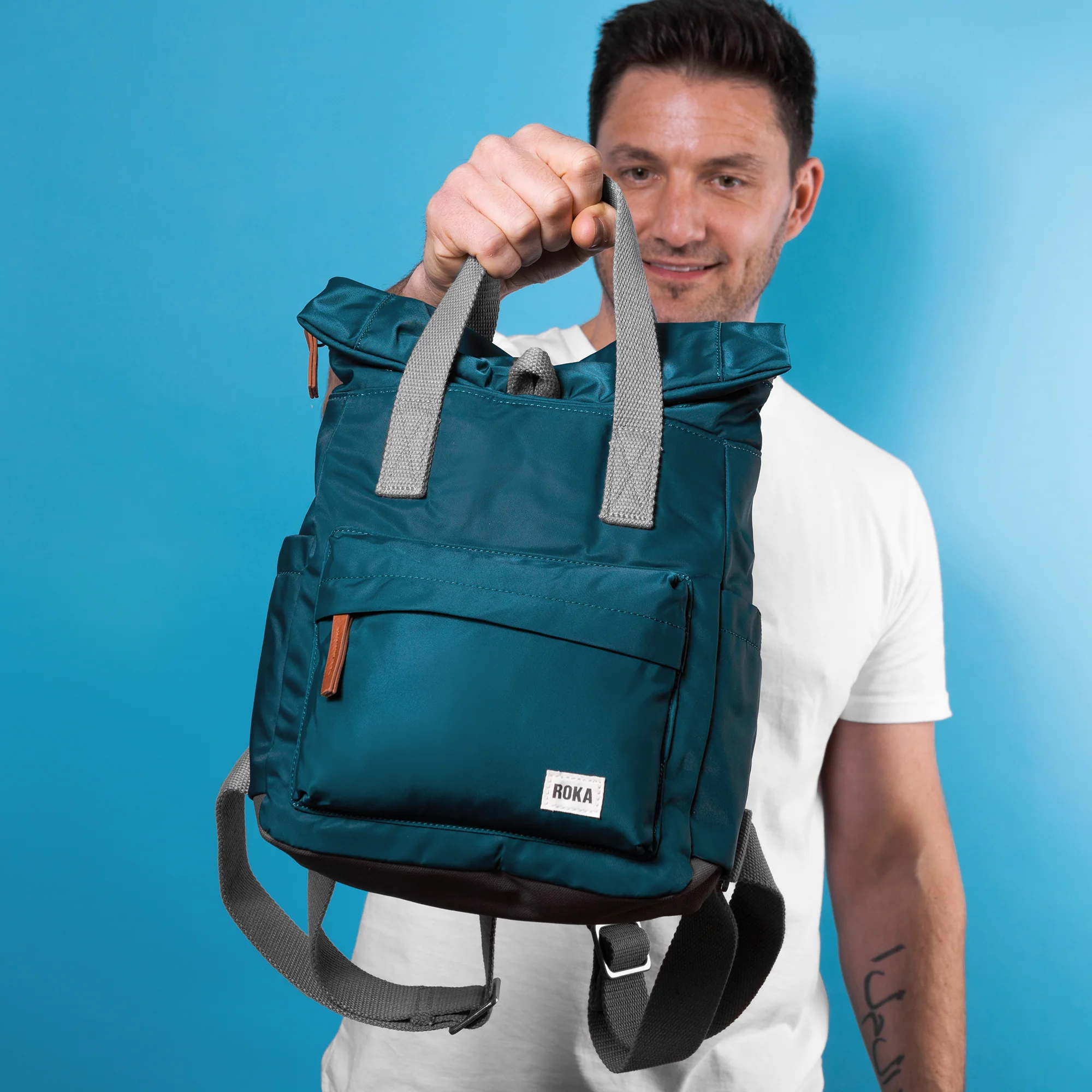 Roka London Canfield B Sustainable Nylon Rucksack, Teal - Image 9