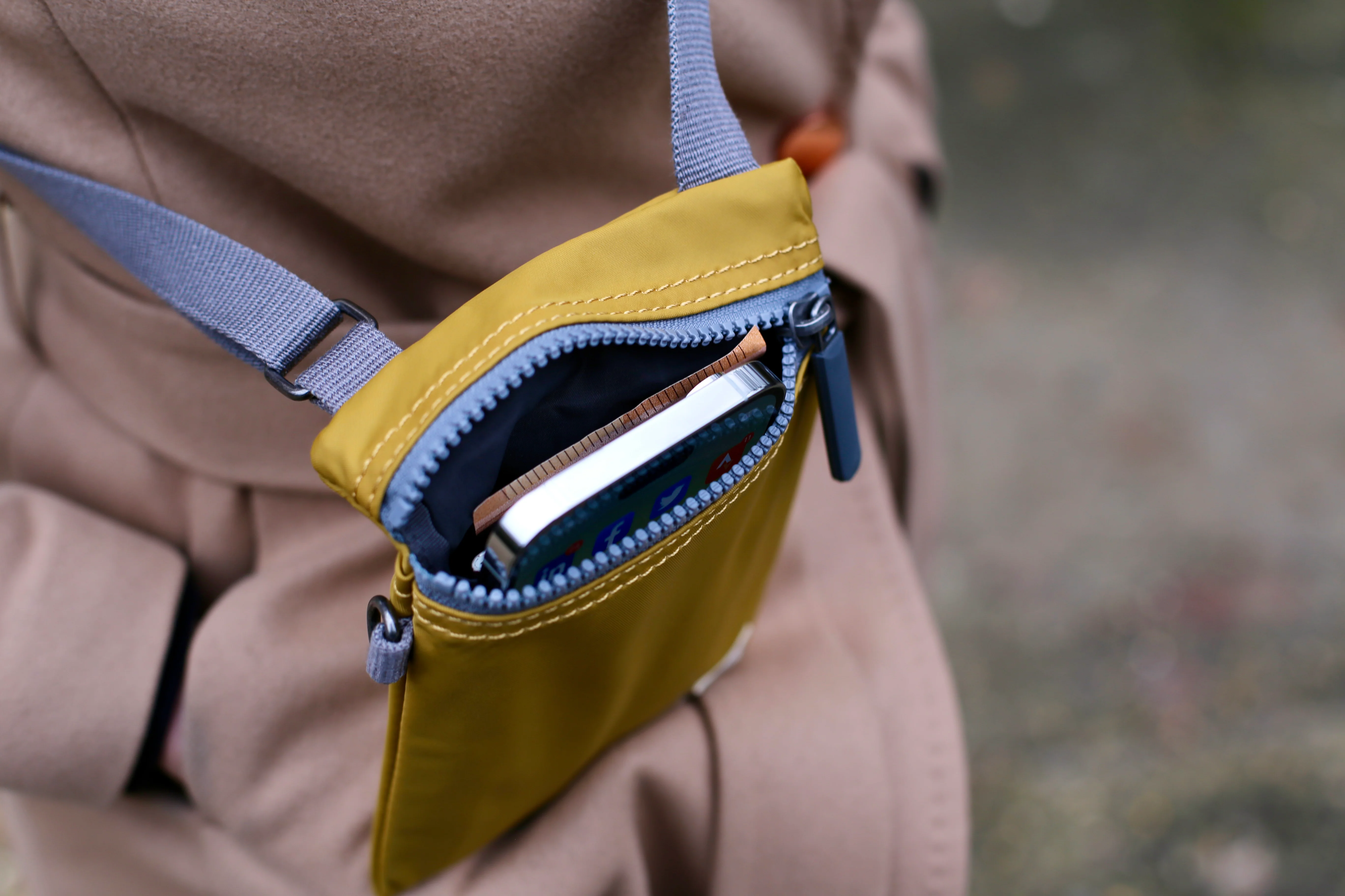 Roka London Chelsea Crossbody Phone Bag, Mustard (Recycled Nylon) - Image 11