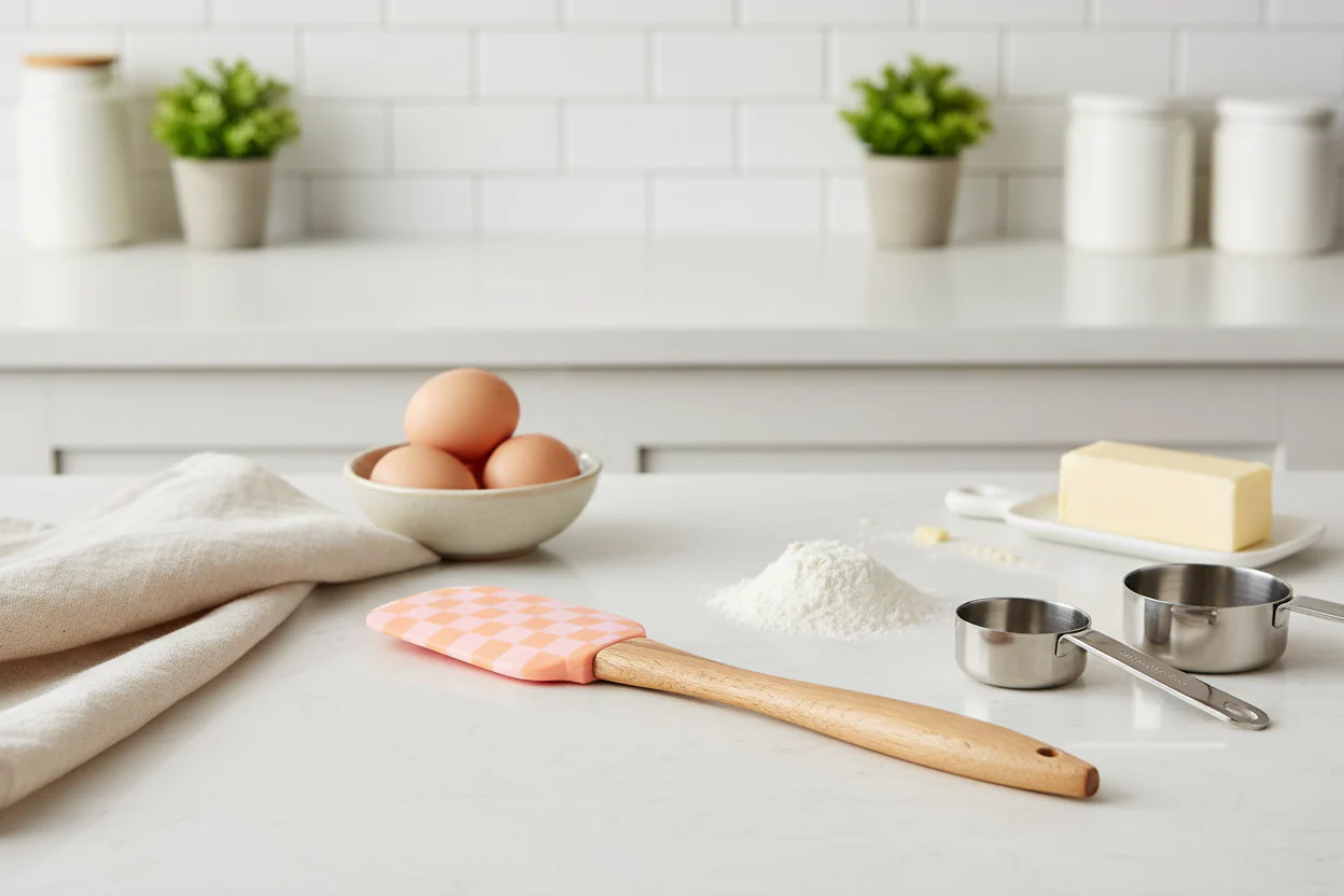 Talking Table Food Icons Silicone Spatula, Pink  & Orange Check - Image 3