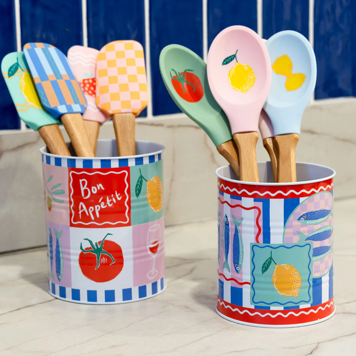 Talking Table Food Icons Silicone Spatula, Pink  & Orange Check - Image 4