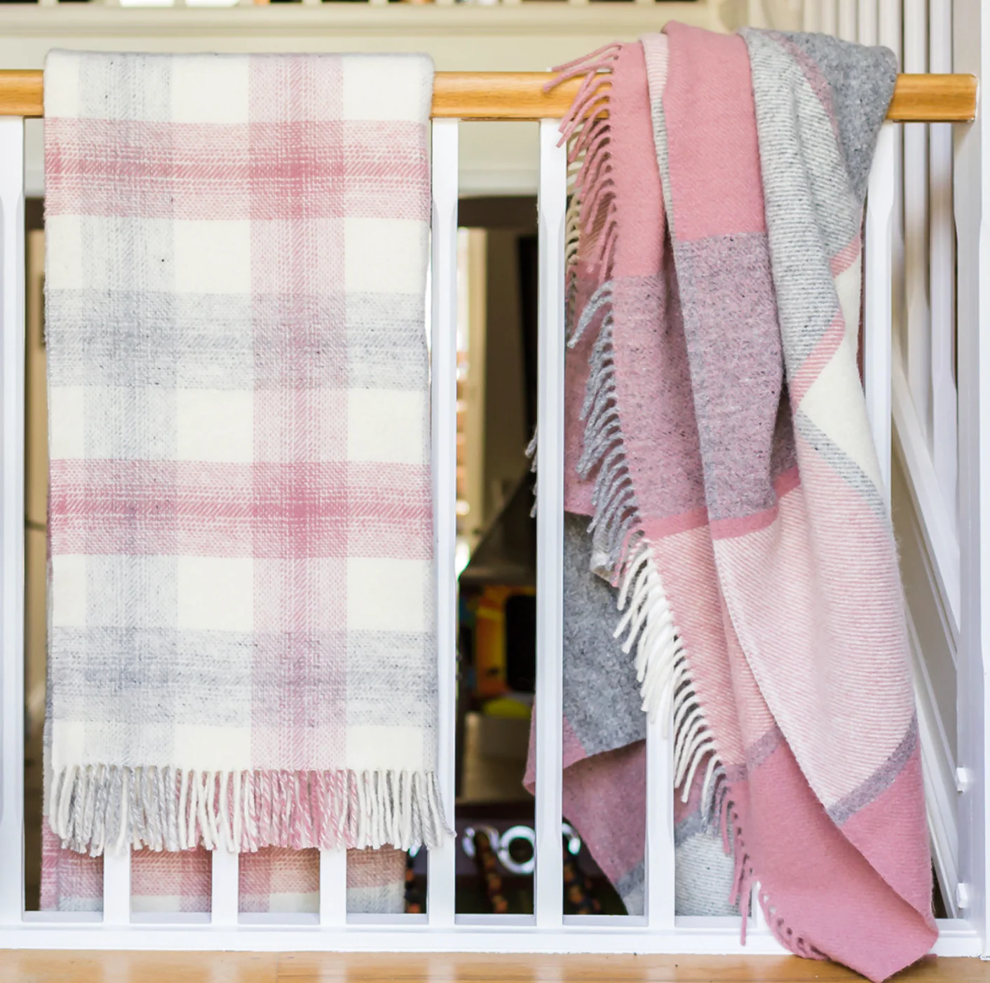 Tweedmill Block Check Pure New Wool Throw, Charcoal & Dusty Pink - Image 3