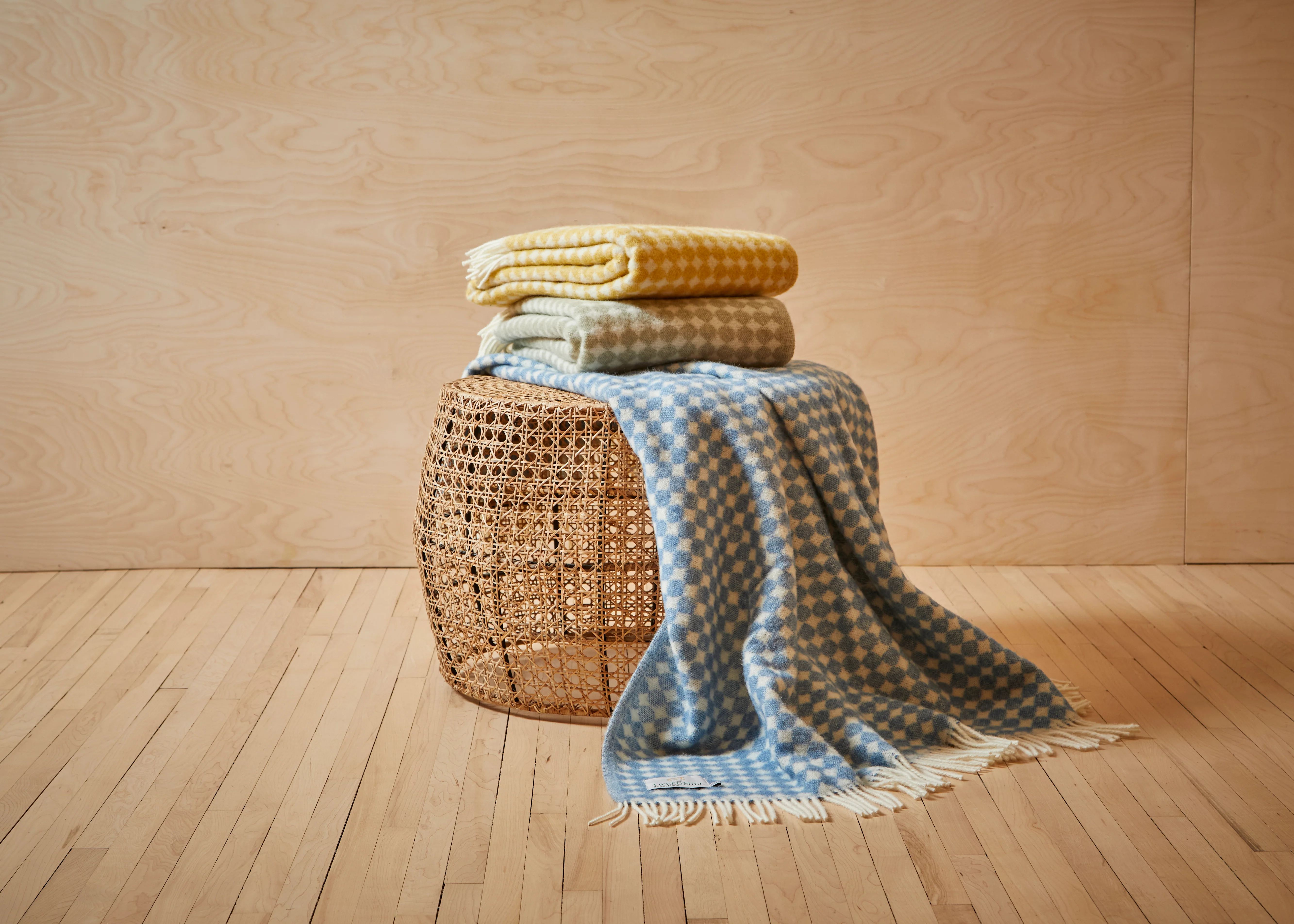 Tweedmill Jacquard Spot Pure New Wool Reversible Throw, Oil Yellow - Image 5