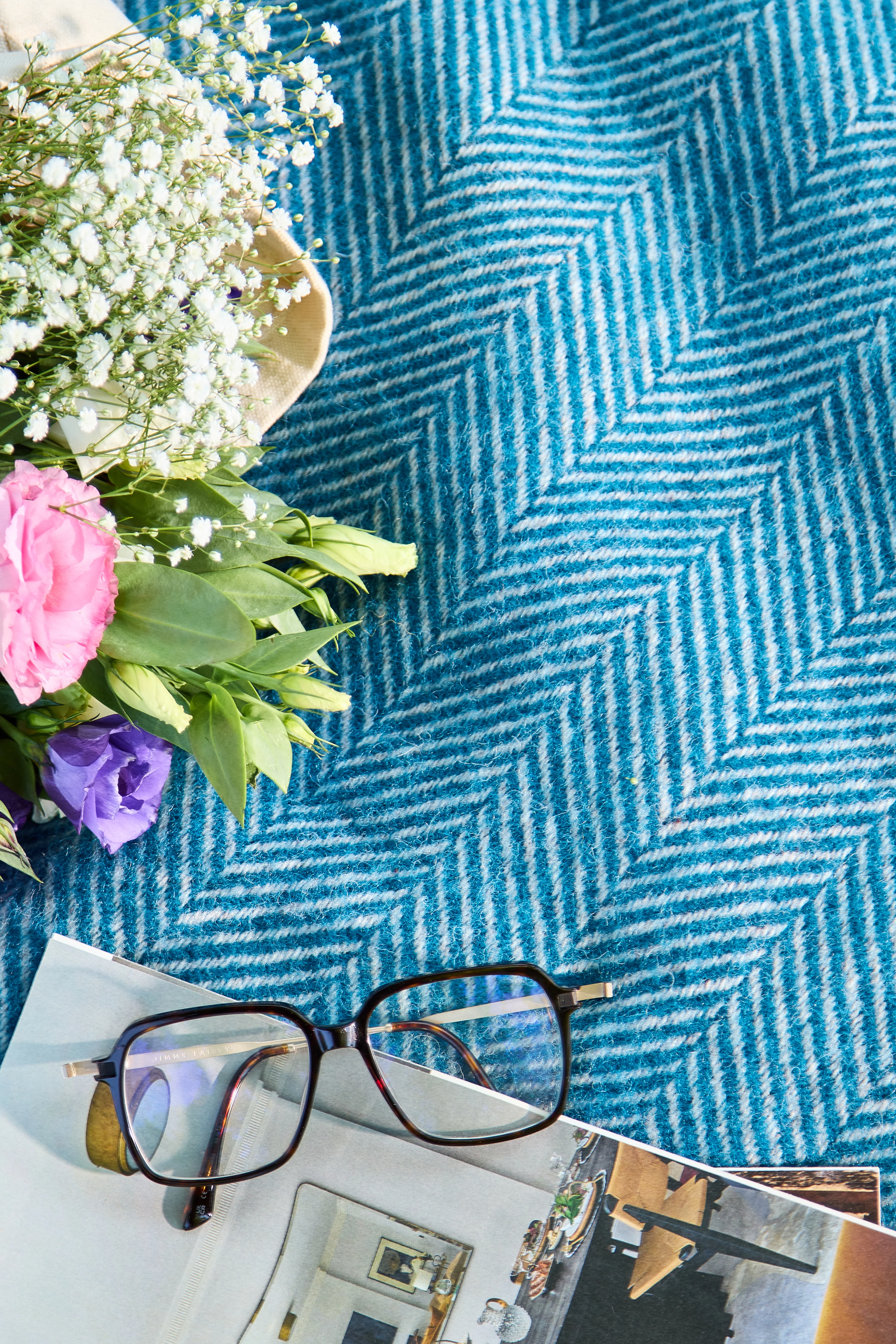 Tweedmill Polo Pure Wool Knitted Picnic Blanket, Herringbone, Teal & Hazel - Image 3