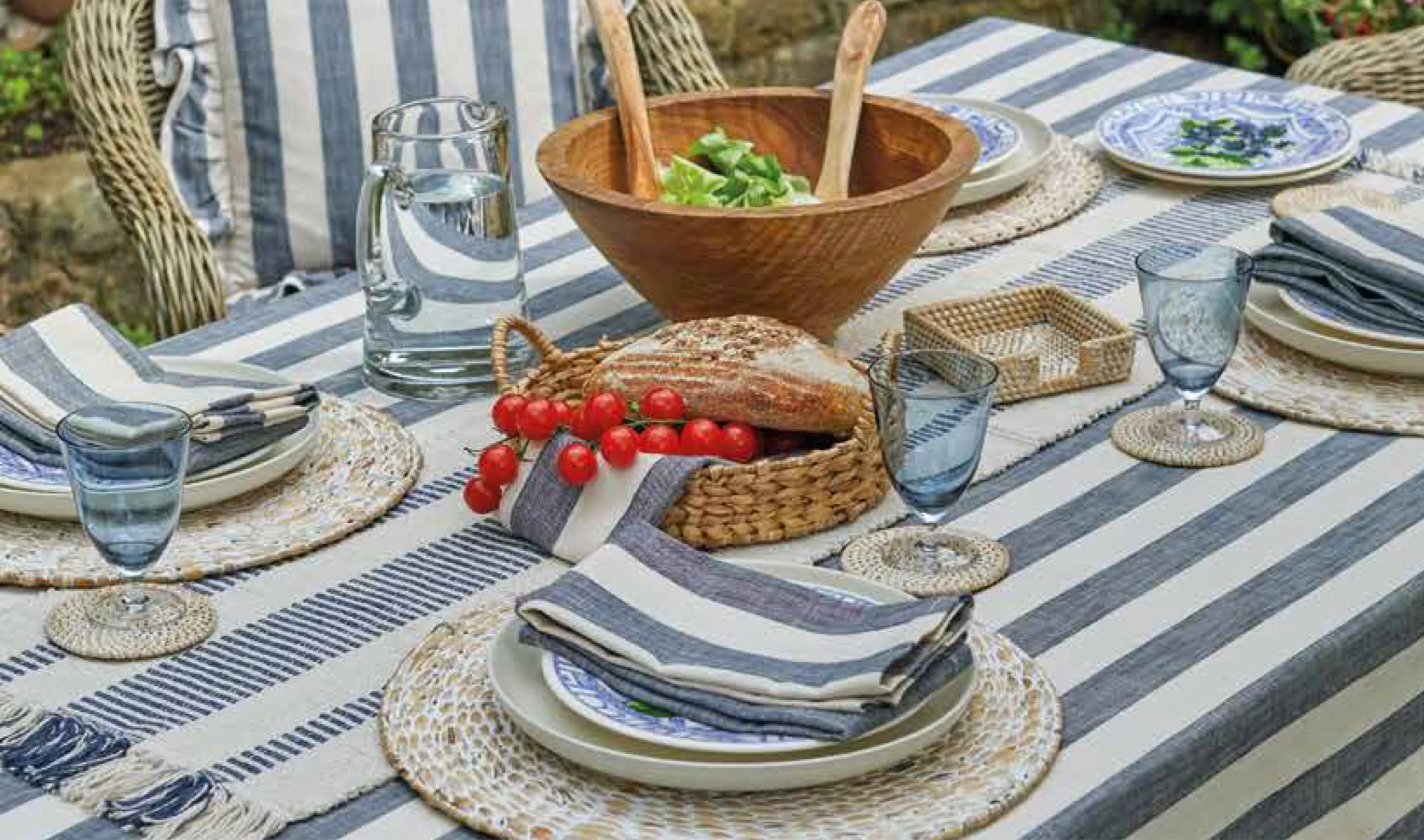 Walton & Co Wide Stripe Cotton Tablecloth, Flint Blue - Image 3