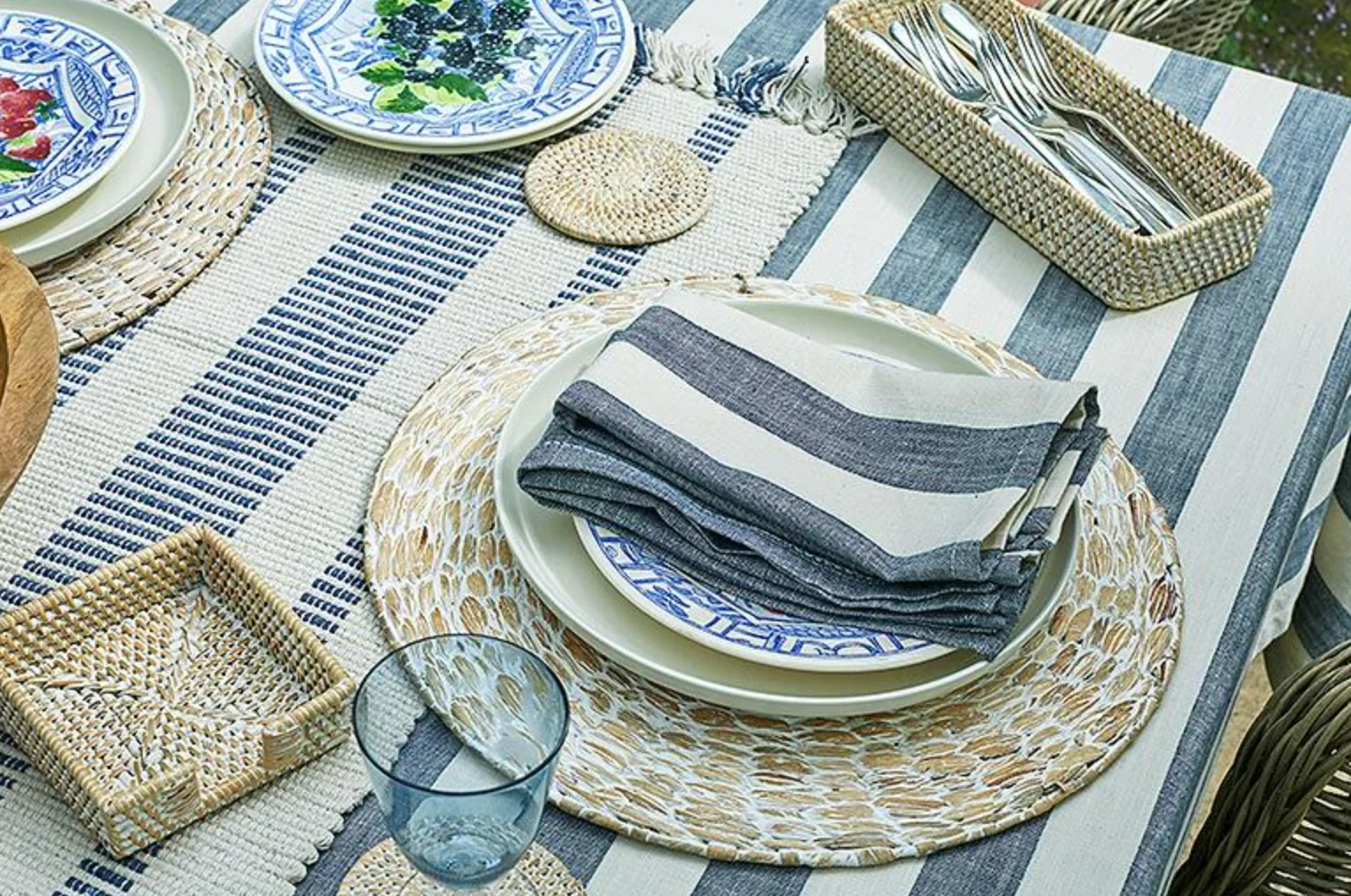 Walton & Co Wide Stripe Cotton Tablecloth, Flint Blue - Image 4