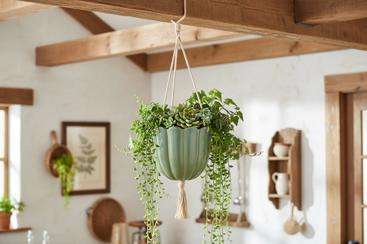 Wikholm Bonnie Ceramic Hanging Planter, Green